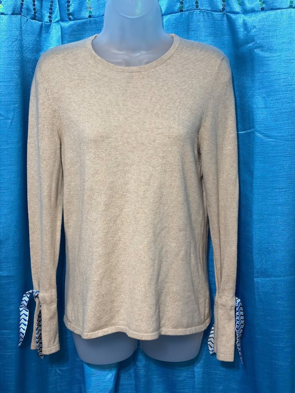 J. McLaughlin Beige Knit Sweater Women's Small Silk Chevron Tie Cuff Crewneck